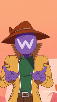 a cartoon character with a hat and a w on his head