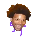 a close up of a man 's face with purple arms and legs on a white background .