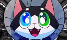 a cartoon cat with blue and green eyes is sitting in a bubble .