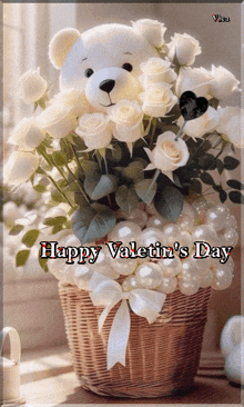 a teddy bear sitting in a basket of white roses with the words happy valentine 's day