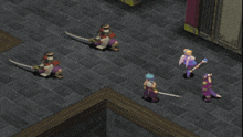 a video game shows a group of people holding swords and wands