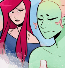 a cartoon of a woman with red hair standing next to a green woman with her eyes closed
