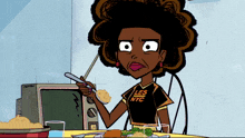 a cartoon of a woman wearing a shirt that says les nyc on it
