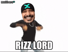 a man wearing a black shirt and a black hat with a blue x on it is smiling and says " rizz lord "