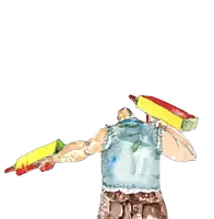 a drawing of a man holding two water guns on his back