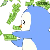 a blue and white penguin is holding a pile of money with the word penguin on the bottom