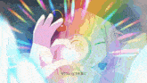 a cartoon of a girl holding a sphere with a rainbow colored background
