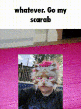 a picture of a person wearing a cat mask with the words whatever go my scarab