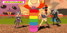 a group of anime characters are standing around a rainbow colored stack of rings