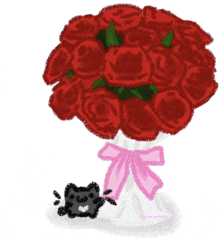 a bouquet of red roses with a pink bow and a black cat