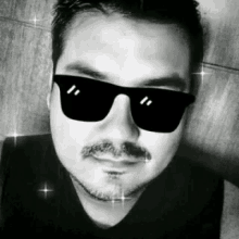 a man with a mustache and sunglasses is wearing a black shirt .