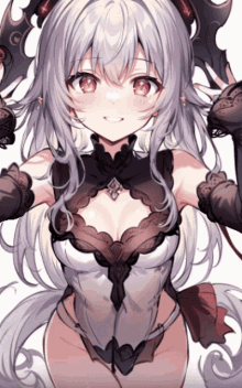 a girl with white hair and red eyes is wearing a black and white outfit