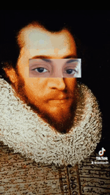 a painting of a man with a beard and a white collar has a sticker on his face that says tik tok