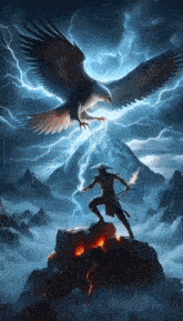 a painting of a man holding a torch standing in front of an eagle flying over a mountain