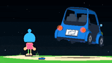 a pixel art drawing of a blue car with a license plate that has a fish on it