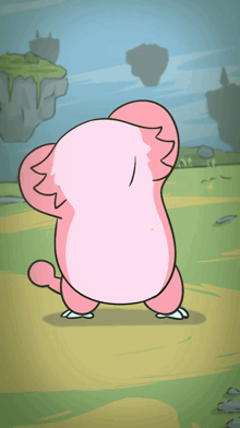 a pink cartoon character is standing in a field with floating rocks in the background