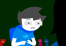 a cartoon character wearing a blue shirt with a letter s on it