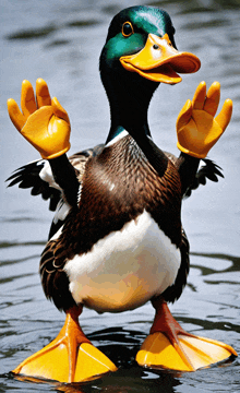 a duck with yellow gloves on its feet is waving