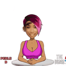 a woman with pink hair is sitting at a table with her hands on her chin and the words really ? above her .