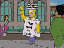 a cartoon character holding a sign that says the end is near