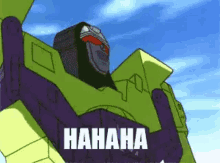 a cartoon robot is laughing with the words " hahaha " written on it