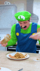 a man in a luigi costume is preparing spaghetti