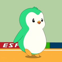 a green and white penguin is standing in front of a sign that says esp