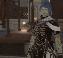 a woman with blue hair and green skin is wearing glasses and a black outfit