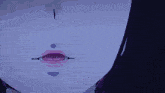 a woman in a white dress with purple hair is standing on a purple background