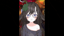 a girl with long hair and glasses has a clover in her hair