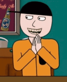 a cartoon man is smiling with his hands folded in front of him