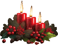 three red candles are surrounded by holly berries and leaves with a.c. written on the bottom