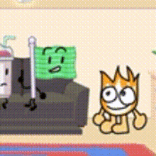 a cartoon of a cat with a crown standing next to a couch