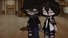 a couple of anime characters standing next to each other in a room .