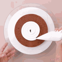 a person is frosting a chocolate cake with a swirl of frosting
