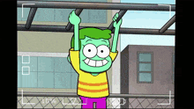 a cartoon character is hanging upside down on a bar with a percentage of 10