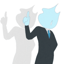 a cartoon of a man in a suit with a blue head pointing up