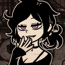 a drawing of a girl with purple eyes covering her mouth with her hand