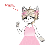 a drawing of a girl in a pink dress with a red arrow pointing to behoto