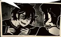 a black and white drawing of a boy talking to another person