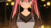 a girl with pink hair and blue eyes stands in front of a sign that says nddd sama