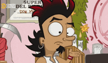 a cartoon of a man looking at a computer screen with a comedy central logo on the bottom right
