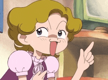 a cartoon character making a funny face and pointing her finger