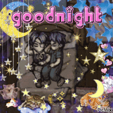a picture of two children sleeping with the words goodnight in pink