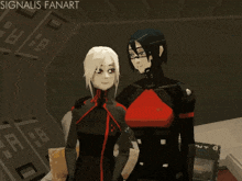 a couple of anime characters standing next to each other with the words signalis fanart on the top
