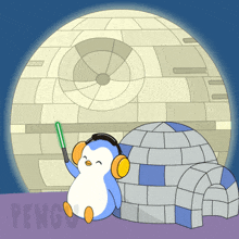 a penguin wearing headphones is holding a green light saber in front of an igloo and a star wars death star