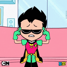 a cartoon of robin from teen titans go is holding his head