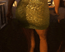 a woman in a green dress is standing on a wood floor