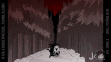 a black and white drawing of a person in a dark forest with the website xtaleunderverse.tumblr.com at the bottom