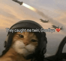 a cat wearing a pilot 's helmet says they caught me twin goodbye .